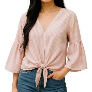 Lavender Field Top M Pink White Stripe Bell Sleeve Tie Front V Neck Cotton Boho